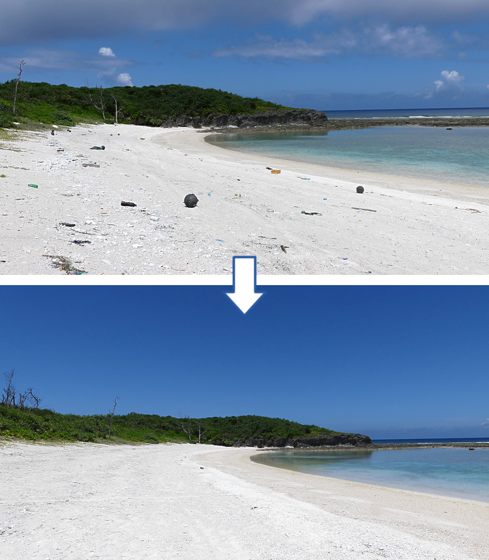 ゴミ拾い前と後の砂浜の写真