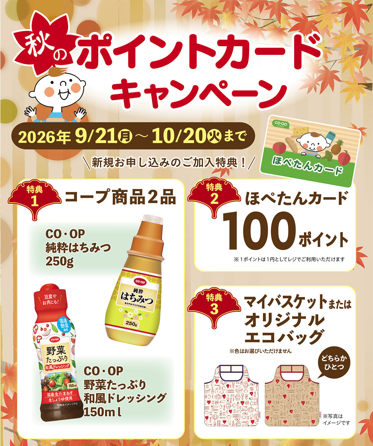 10月20日（火）まで ポイントカードキャンペーン 新規お申し込みの方に!100ポイント 3つのプレゼント さらにエコバッグプレゼント